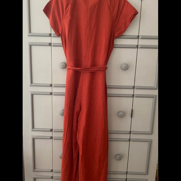 Madewell Linen-Cotton Pleat-Sleeve Jumpsuit 10 L Rust Pockets - Picture 3 of 8